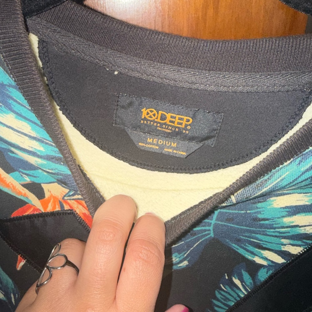 10.Deep Black Tropical Leaf Crewneck Sweater with Teal Accents - Picture 3 of 3